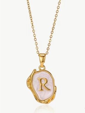 Gold-Plated, Unique oval initial “R”pendant necklace, white enamel. Free Ship.